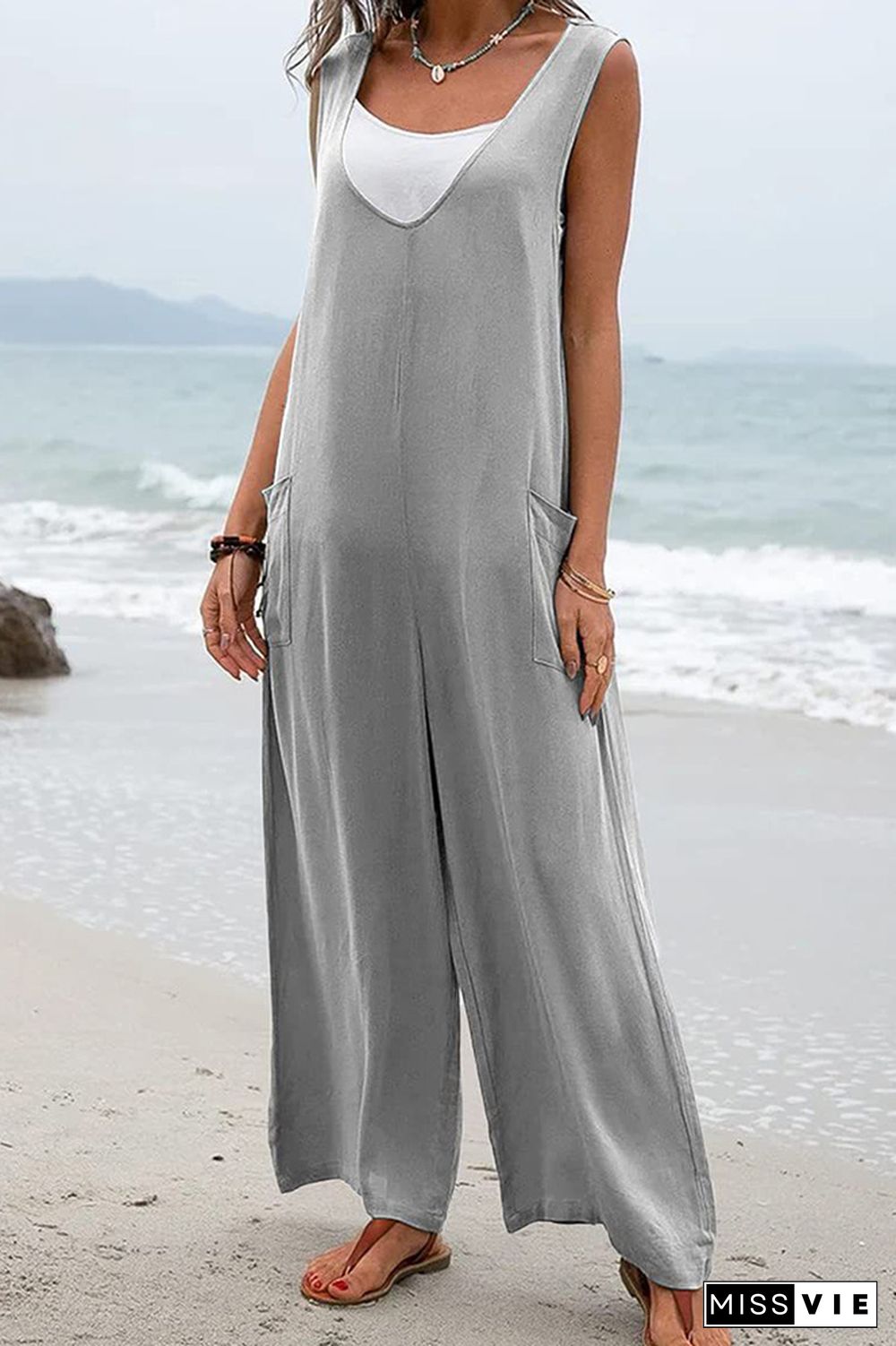 Plain V Neck Pockets Sleeveless Jumpsuit