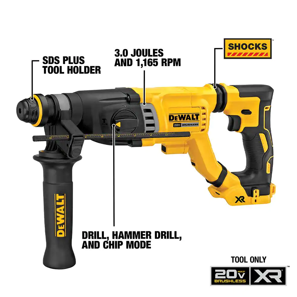 DEWALT DCH263B 20-Volt MAX Cordless Brushless 1-1/8 in. SDS Plus D-Handle Concrete and Masonry Rotary Hammer (Tool-Only)