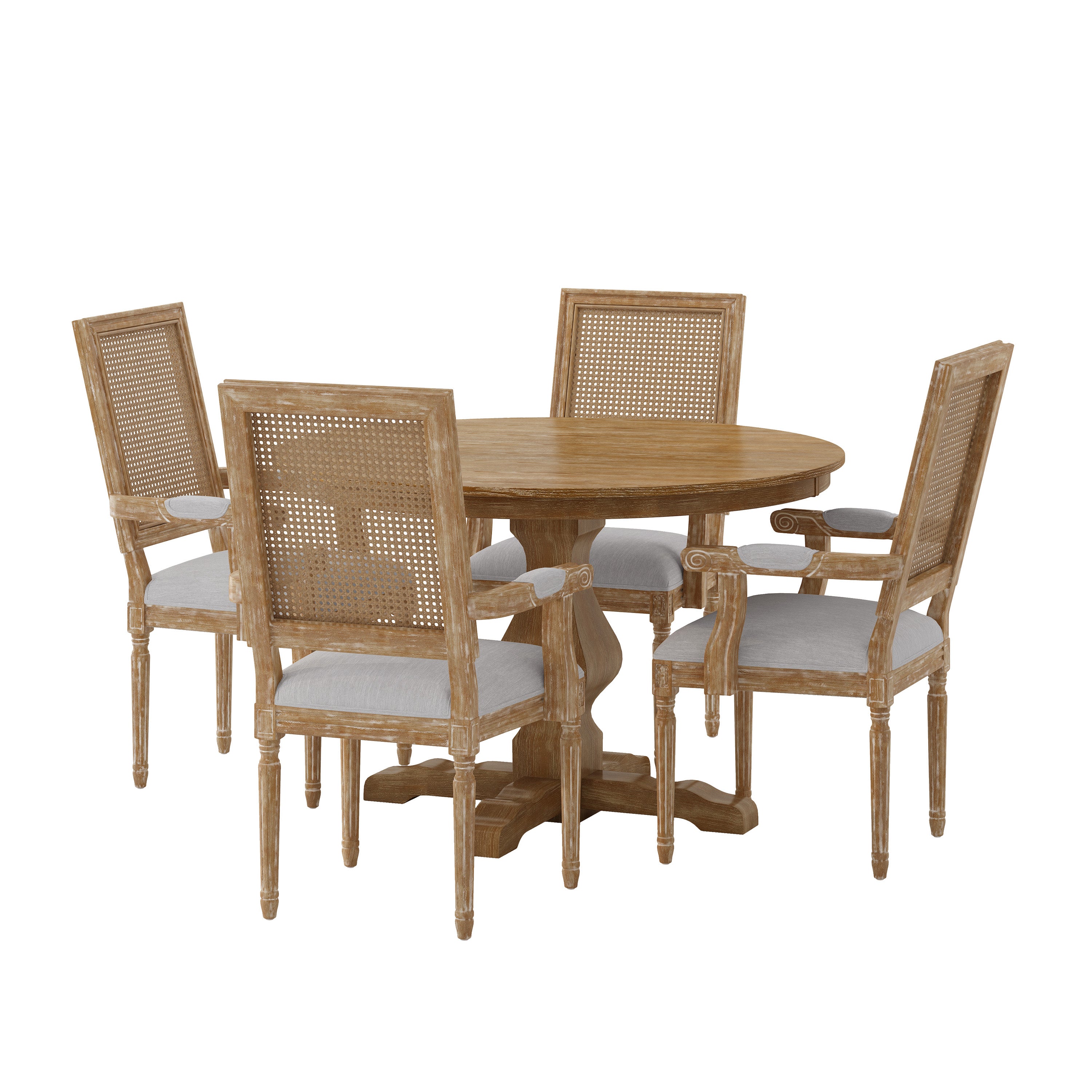 Joretta French Country Fabric Upholstered Wood and Cane 5 Piece Circular Dining Set