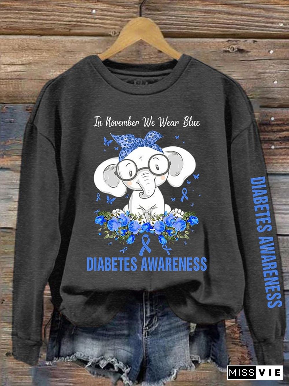 Women's Diabetes Awareness In November We Wear Blue Elephant Print Sweatshirt