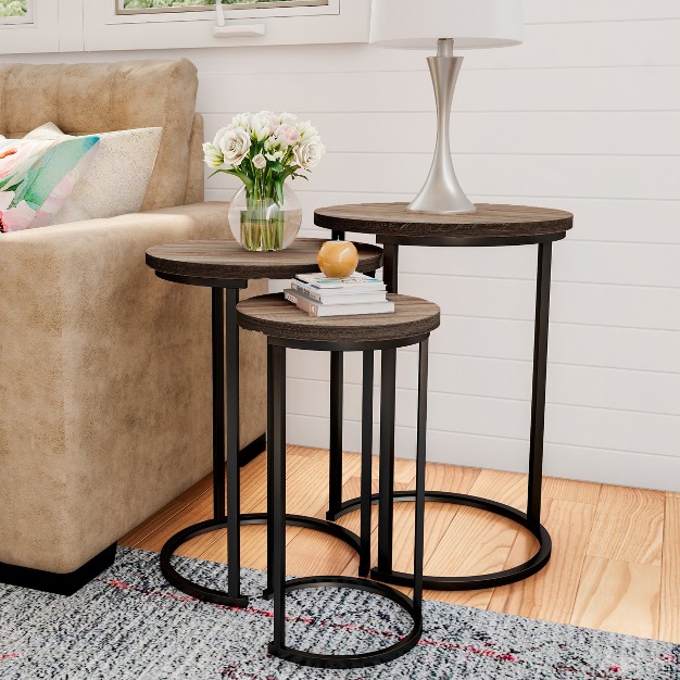 Hasting Home Set Of 3 Round Living Room End Tables Modern Faux Marble Top And Black Metal Base Nesting Tables Or Nightstands