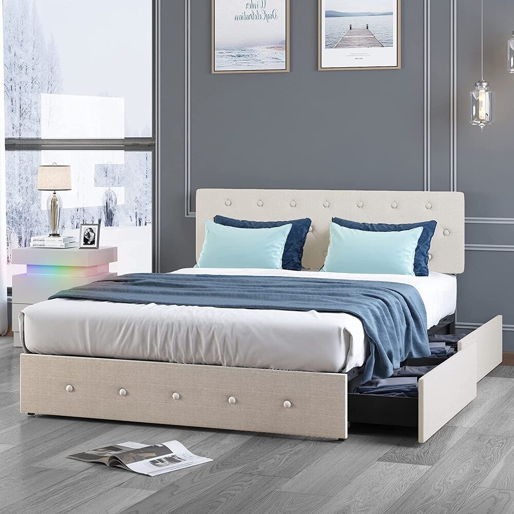 Mixoy Upholstered Platform Bed Frame with 4 Built in Storage Drawers   Adjustable Headboard