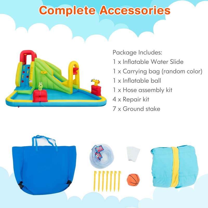 7-in-1 Kids Long Slide Water Park Inflatable Bounce House with Climbing Wall, Splash Pool, Basketball Rim, Water Cannons