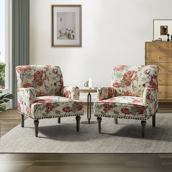 Geltrude Traditional Floral Fabric Design Upholstered Accent Armchair with Nailhead Trim Set of 2 by HULALA HOME