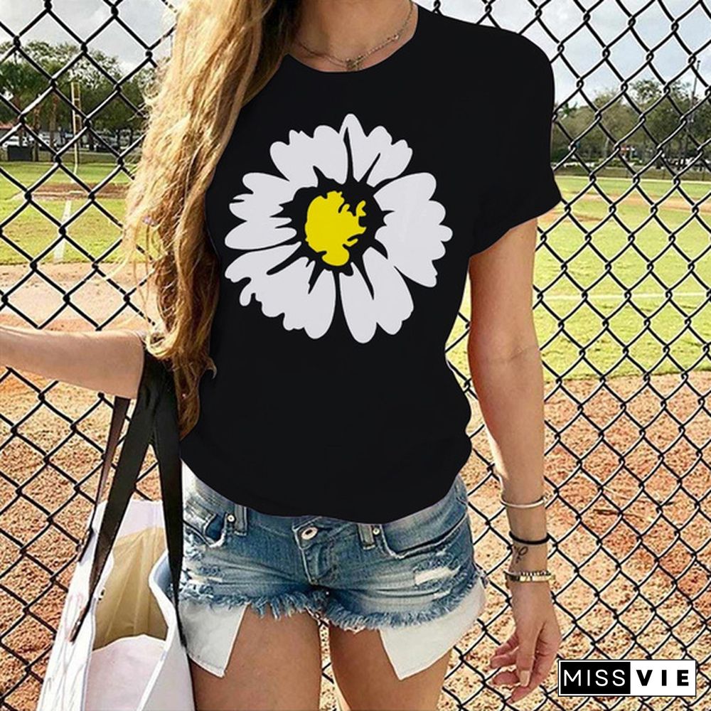 Funny Daisy Printed T-shirts For Women Summer Short Sleeve Round Neck Cute Loose T-shirt Creative Personalized Tops