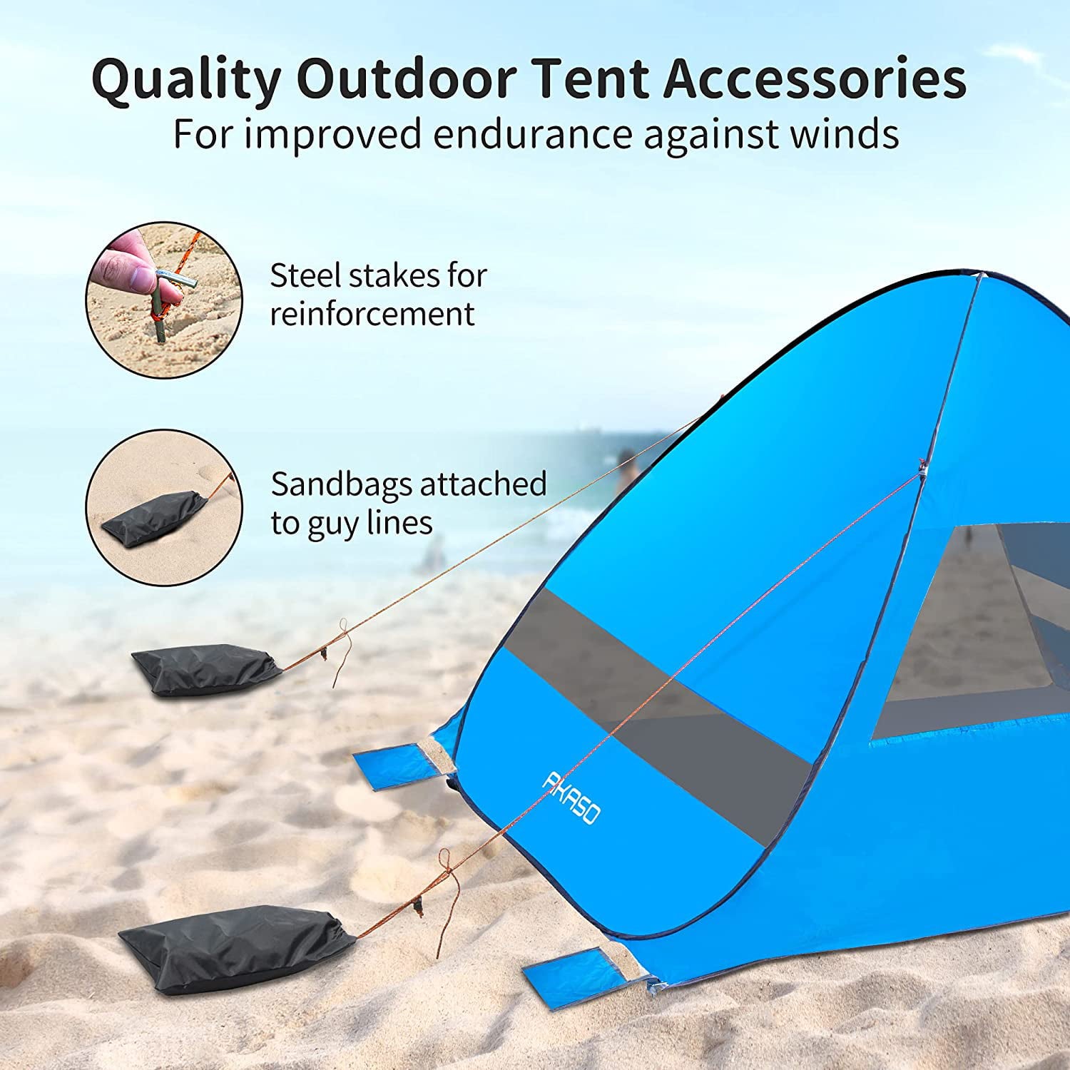 AKASO Pop-Up Beach Tent for 3-4 Person， 7.4' x 4.7' Shade Sun Shelter with UV Protectant Coating