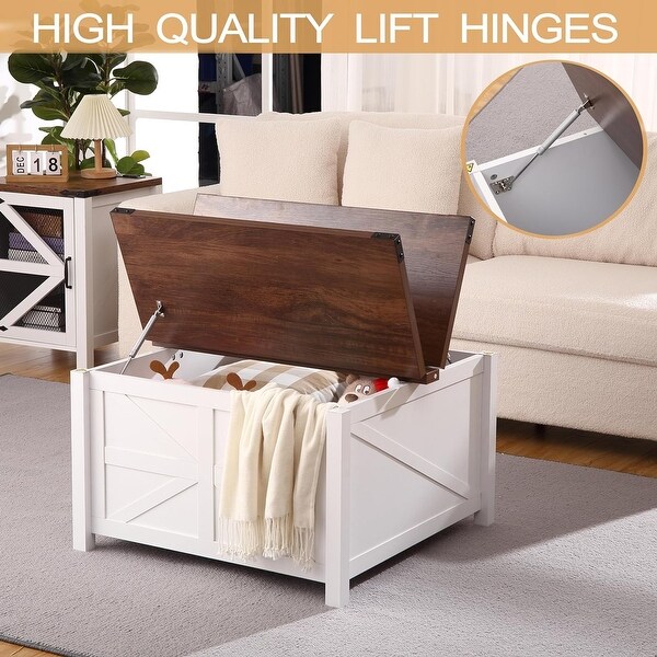 Farmhouse Square Coffee Table，Wood Center Table with Large Hidden Storage Compartment