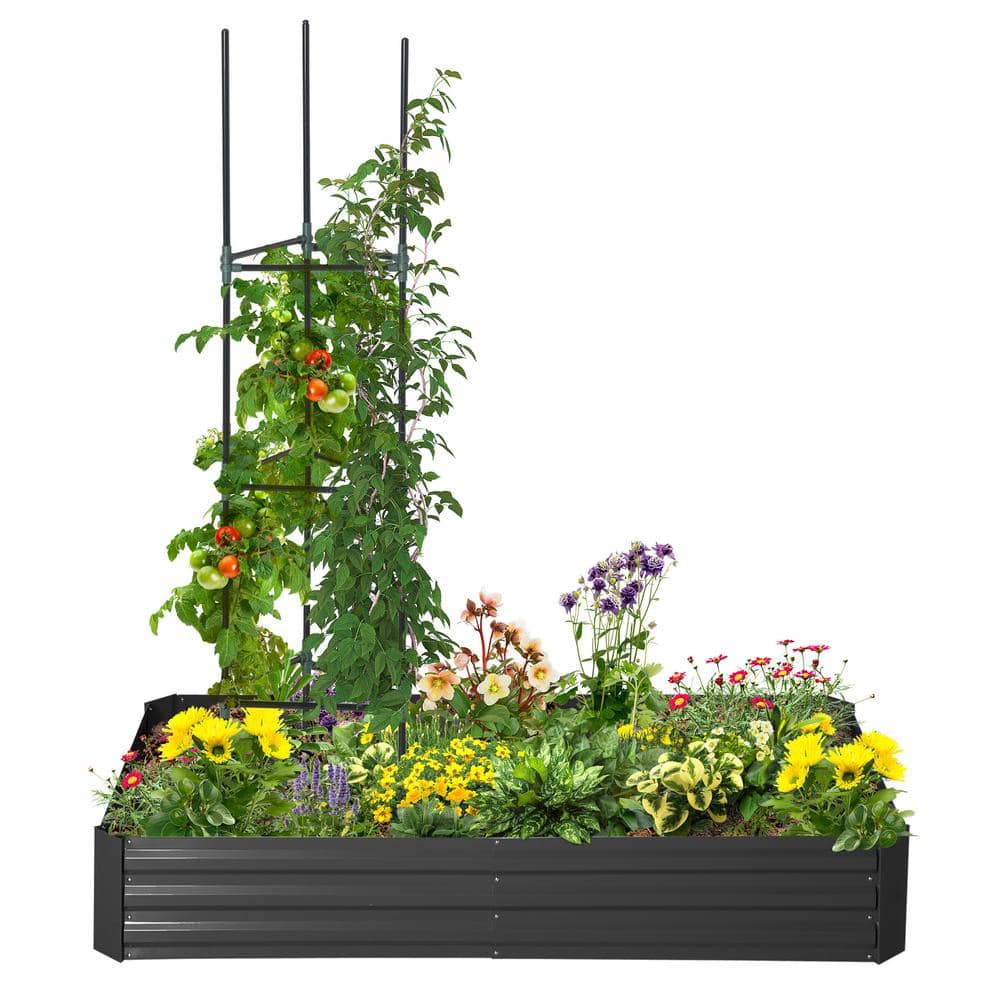 Outsunny 5.9 ft. x 3 ft. x 1 ft. Black Raised Garden Bed with 2 Customizable Trellis Tomato Cages 845-782V00BK