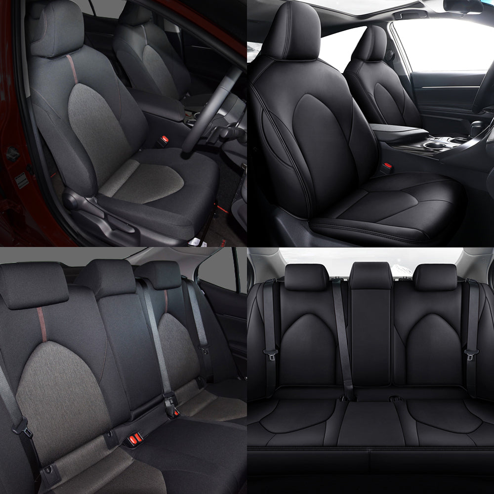 AOMSAZTO Car Seat Covers For Toyota Camry 2018-2022 Black Full Set PU Leather 5-Seat Waterproof 2nd Row Of Headrest Conjoined