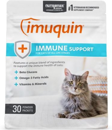 Nutramax Imuquin Powder Packets With Beta Glucans， Marine Lipids， Vitamins and Minerals Immune Health Supplement for Cats