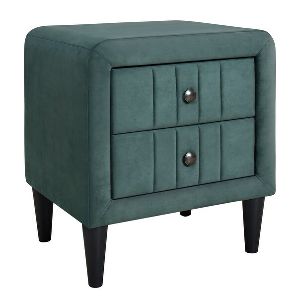 Modern Upholstered Wooden Nightstand with 2 Drawers， Velvet Bedside End Table with Knobs， Green - - 37970234