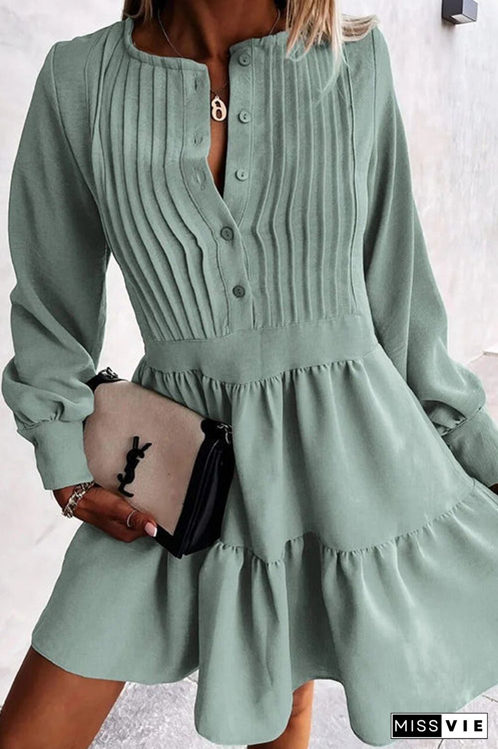 Button Layered Long Sleeve Mini Dress