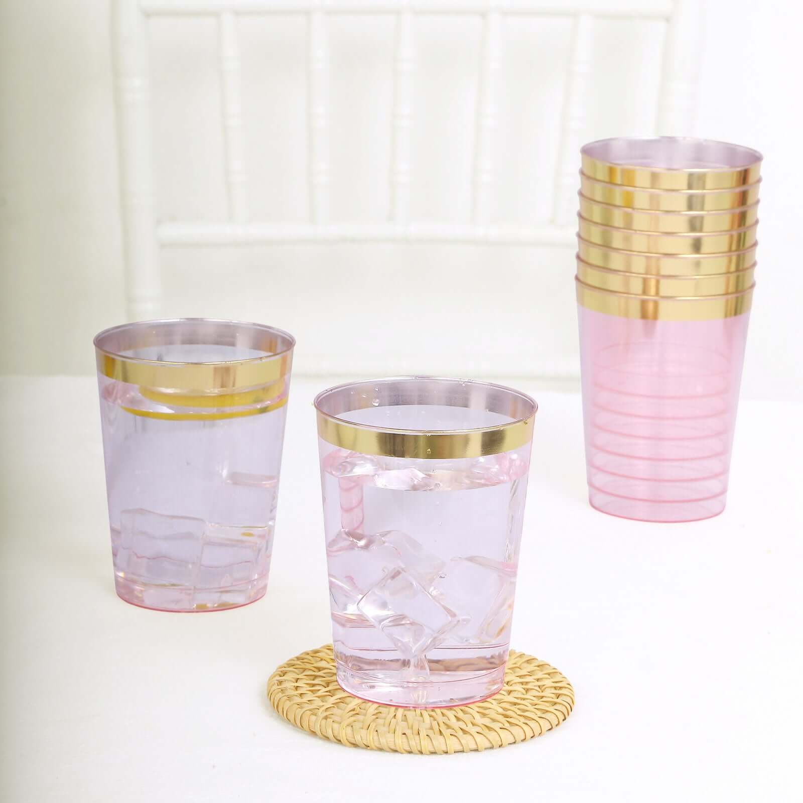 25 Pack Transparent Blush Crystal Plastic Tumbler Drink Glasses With Gold Rim, Disposable Party Cups 10oz