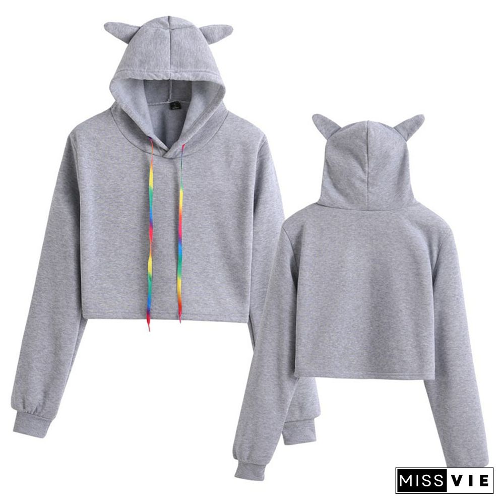 Pure Color Cat Ears Short Hoodie