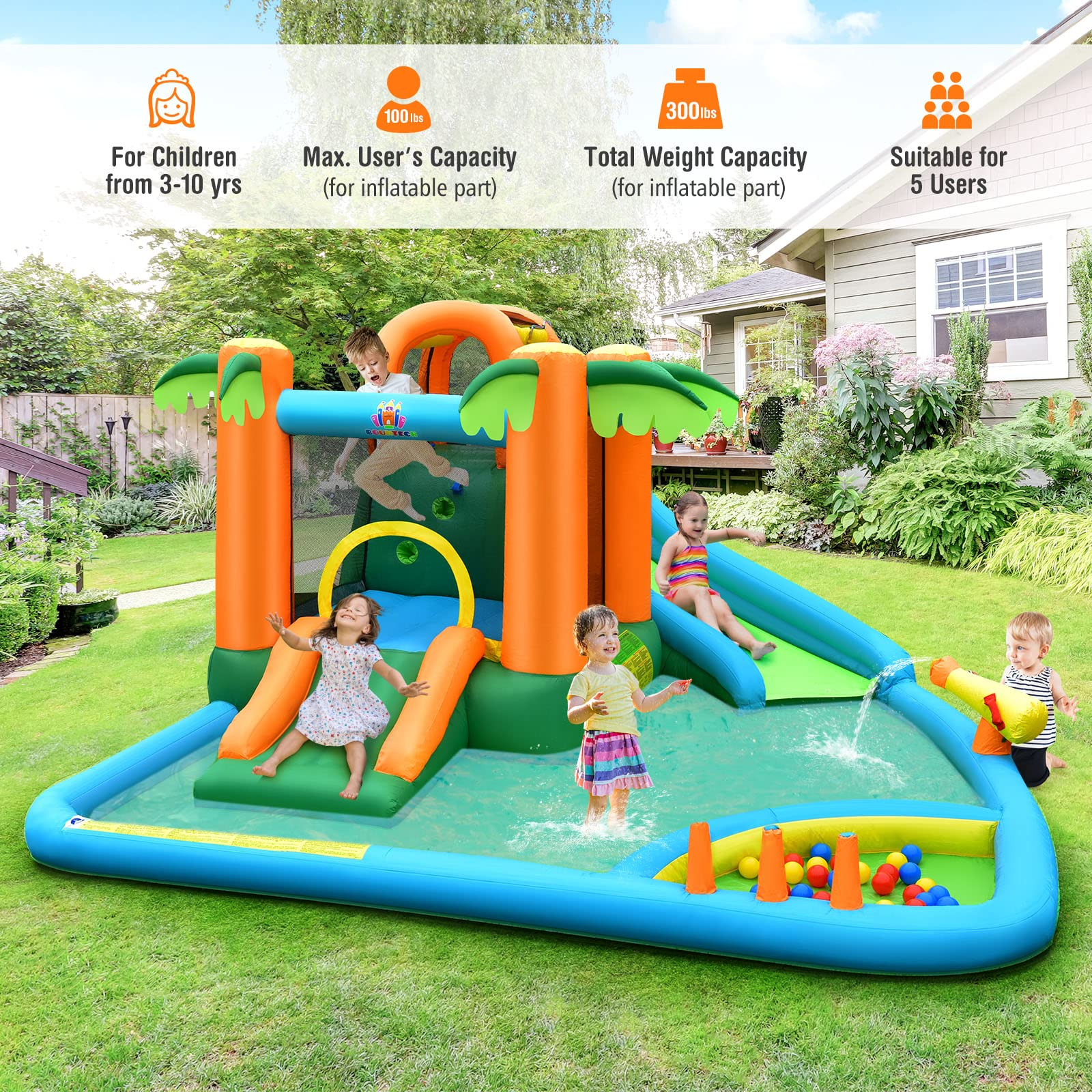 Inflatable Water Slide for Kids, 7 in 1 Kids Jumping Castle Bounce House w/Blower, Splash Pool