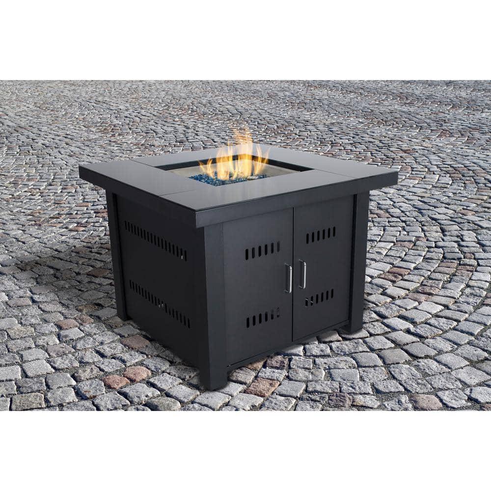 Pleasant Hearth Sheridan 38 in x 29 in Square Steel Propane Gas Fire Pit Table in Black with Glass Fire Rocks