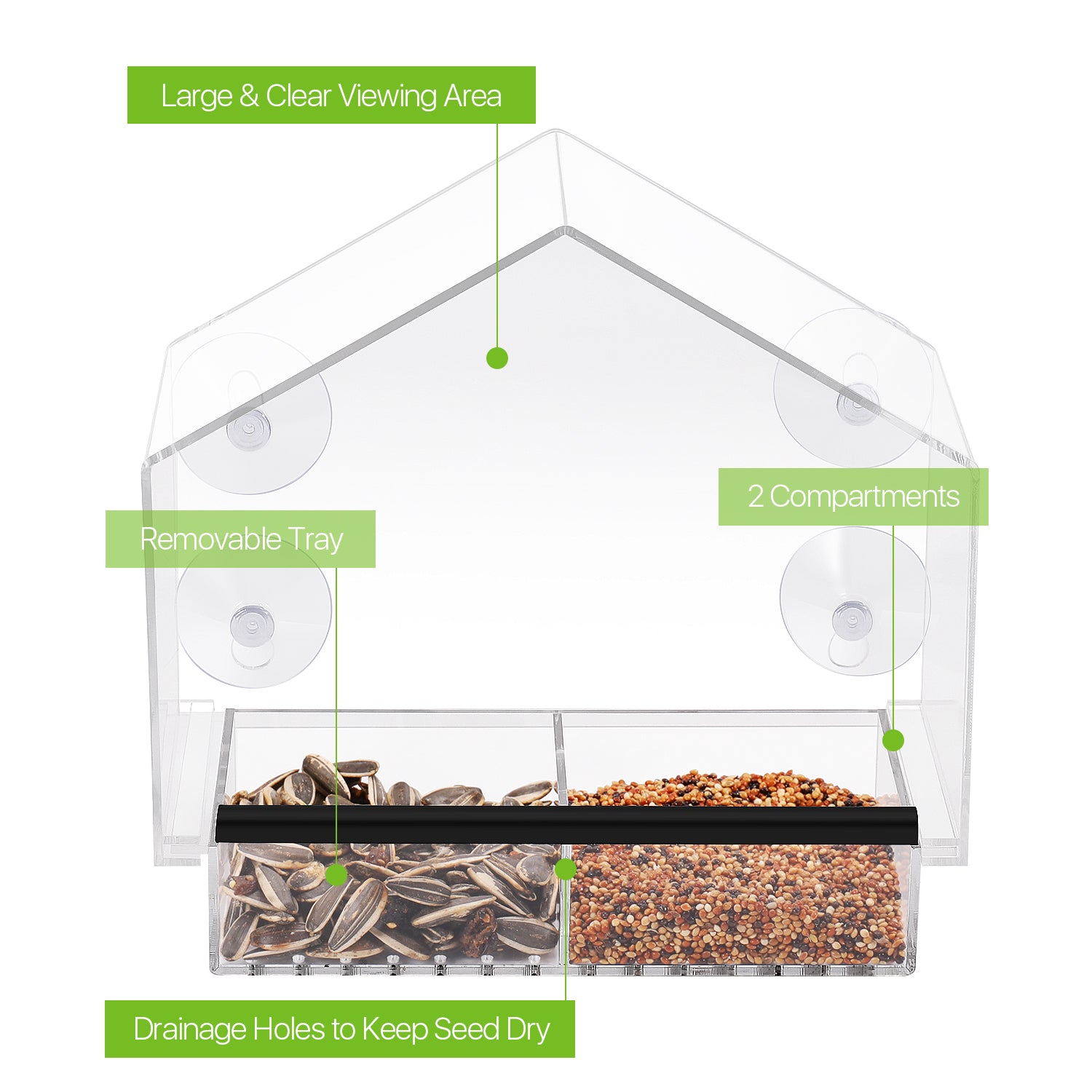 Window Bird Feeders with Strong Suction Cups， Acrylic Clear Bird House to View Large Wild Birds， Cardinal， Finch， and Chickadees， Removable Seed Tray with Drain Holes， Easy Clean， Great Gift