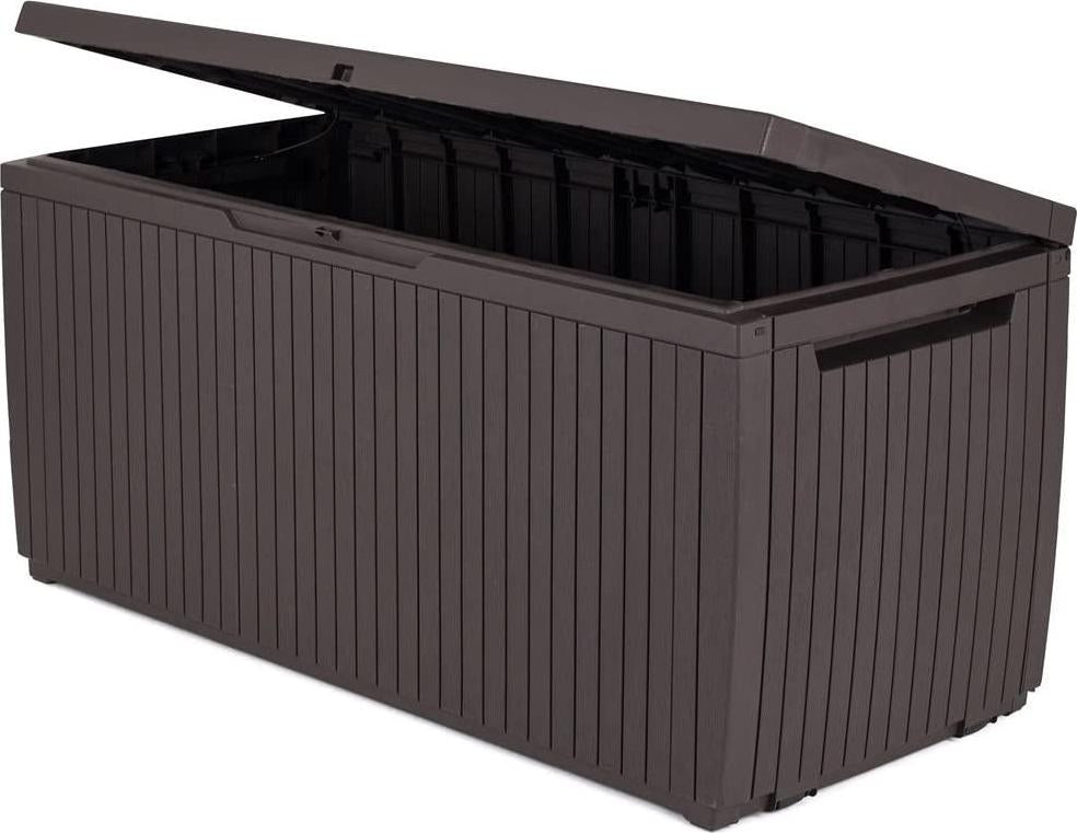 Keter Springwood 80 Gallon Resin Outdoor Storage Box for Patio Furniture Cushions, Pool Toys, and Garden Tools with Handles