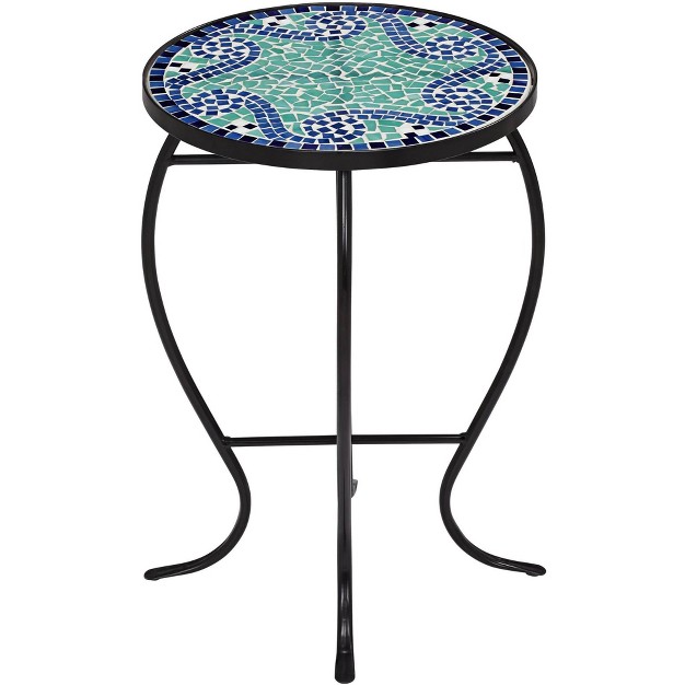 Wide Set Of 2 Blue Wave Mosaic Tabletop Front Porch Patio Home House