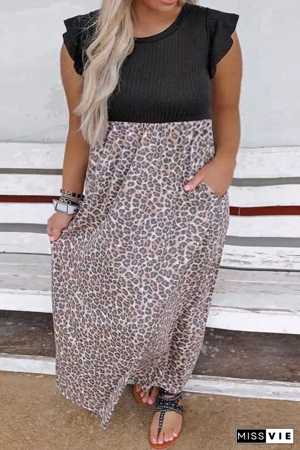 Black Plus Size Rib Leopard Short Sleeve Maxi Dress