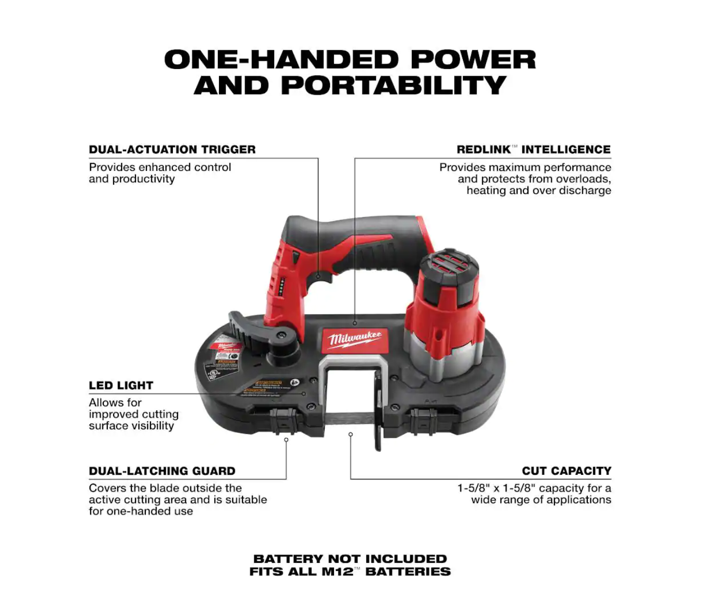 Milwaukee 2429-20-2457-20-48-11-2460 M12 12V Lithium-Ion Cordless Sub-Compact Band Saw with M12 3/8 in. Ratchet and 6.0 Ah XC Battery Pack