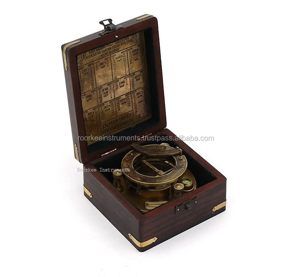 Vintage Brass Compass with Wooden Box/J.H. Steward Directional Magnetic Compass /Sundial Pocket Compass f