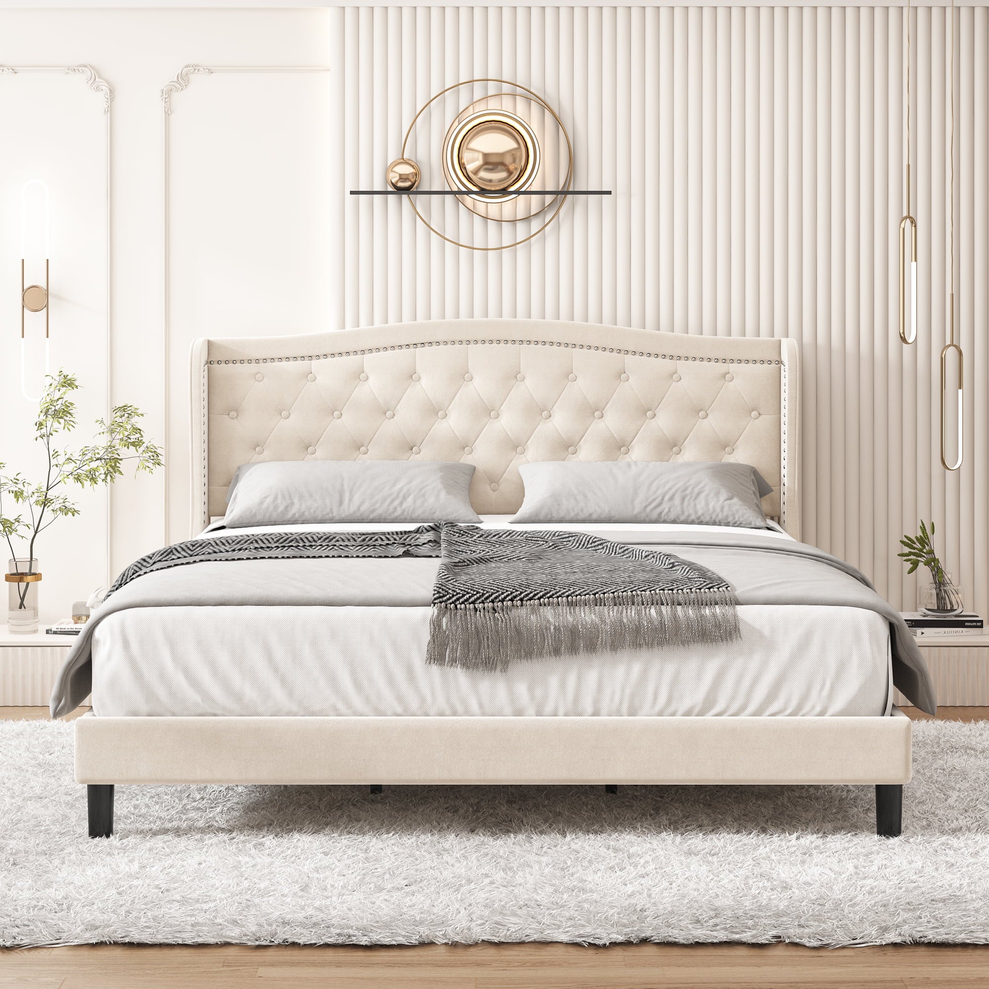 Homfa King Bed Frame, Modern Bed Frame with Wing-Back Button Tufted Upholstered Headboard, Wood Slat Support, Beige