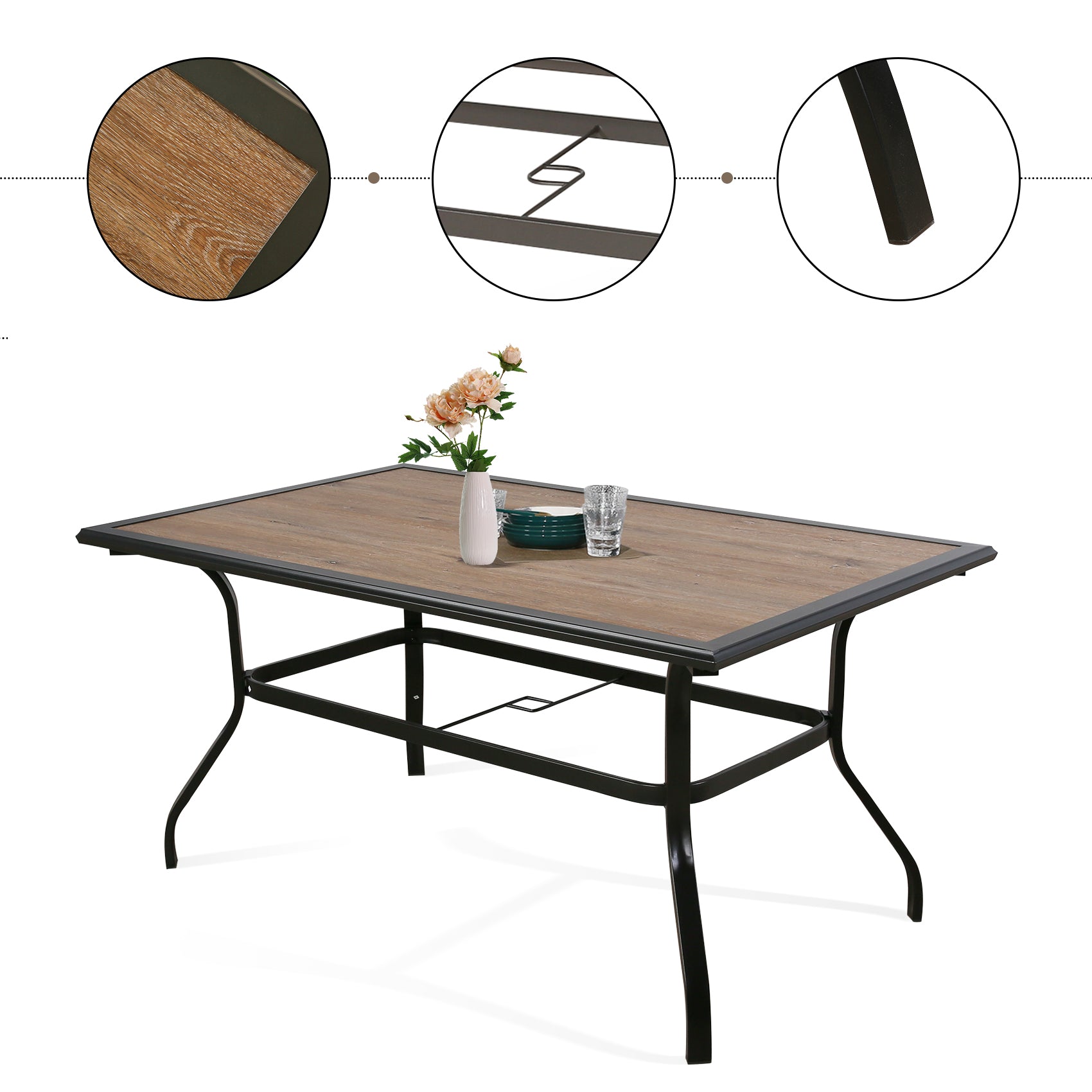 Ulax Furniture Patio Outdoor 61.5" Rectangular Dining Table, Metal Frame & Wood-Like Tabletop with 1.57” Umbrella Hole for 6 Person