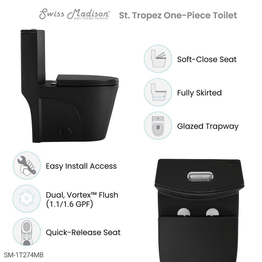 Swiss Madison St. Tropez 10 in. Rough-In 1-piece 1.11.6 GPF Dual Flush Elongated Toilet in Matte Black Seat Included SM-1T274MB