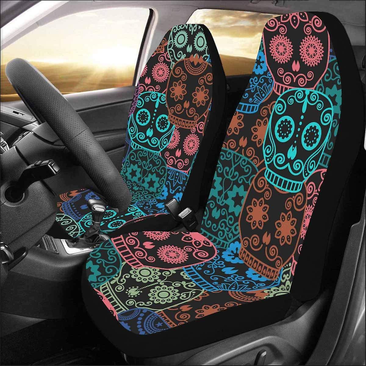 Set Of 2 Car Seat Covers Sugar Skull Halloween Universal Auto Front Seats Protector Fits For Car，suv Sedan，truck D---40256