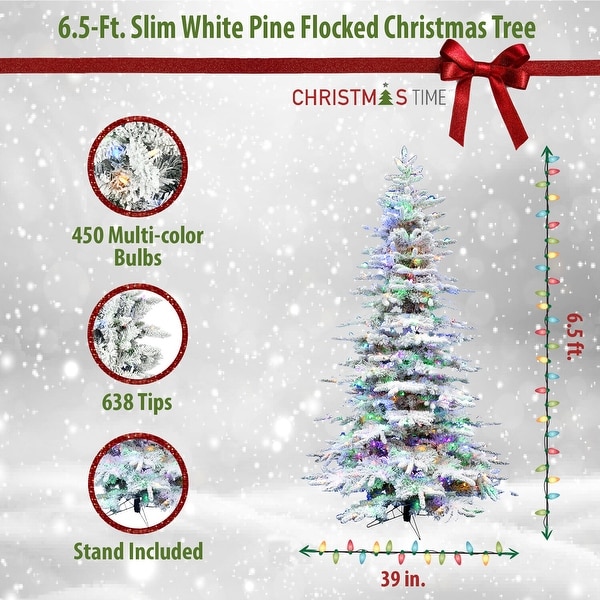 Christmas Time 6.5Ft. Slim White Pine Flocked Christmas Tree with MultiColor String Lights