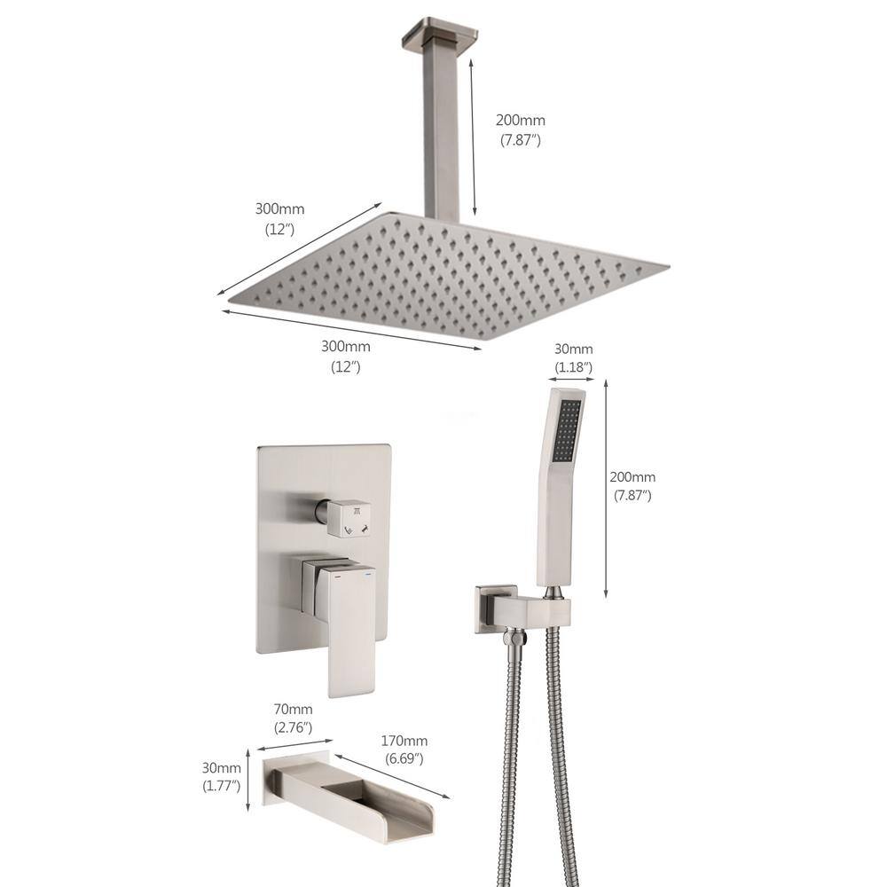 YASINU 1-Spray Ceiling Mount Square Rainfall Shower Head with Hand Shower and Tub Faucet in Brushed Nickel YN809-12BN