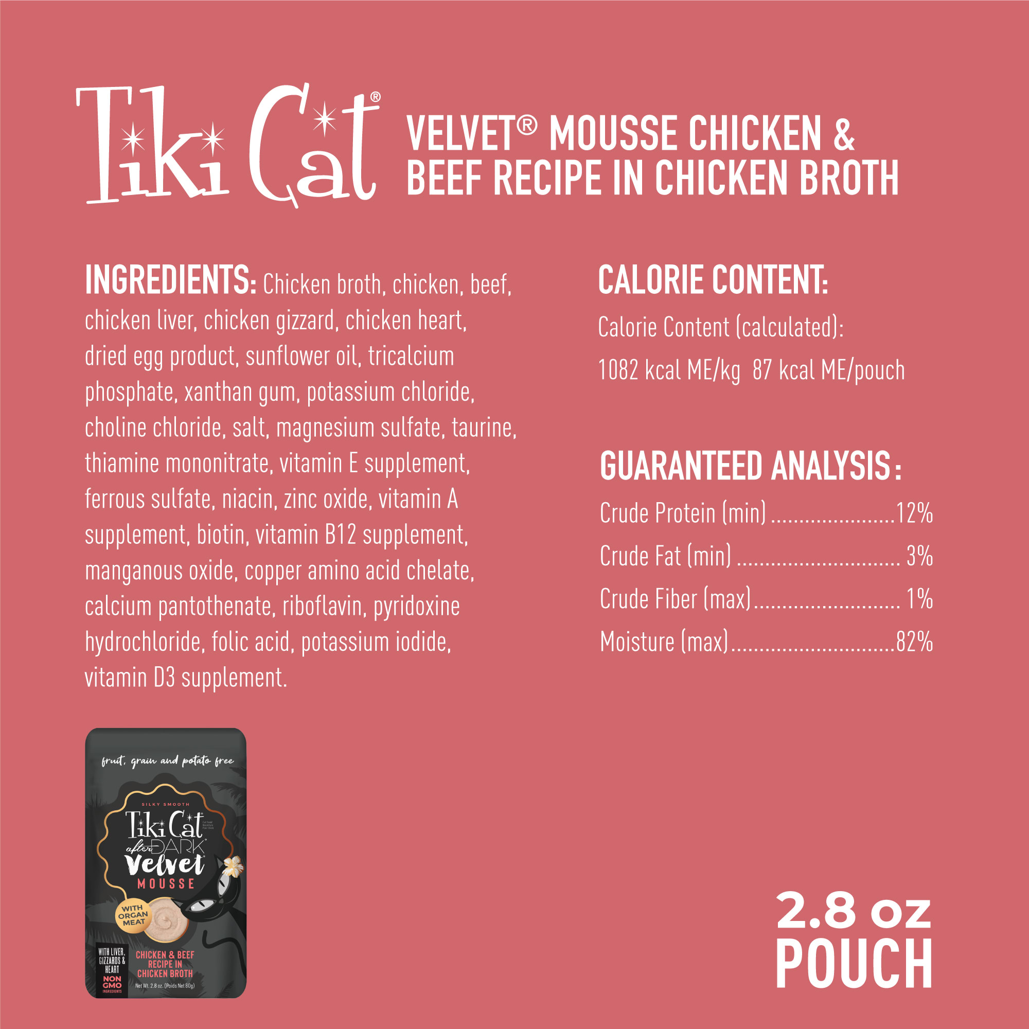 Tiki Cat After Dark Velvet Mousse Chicken  Beef Wet Food for Cats， 2.8 oz.， Case of 12