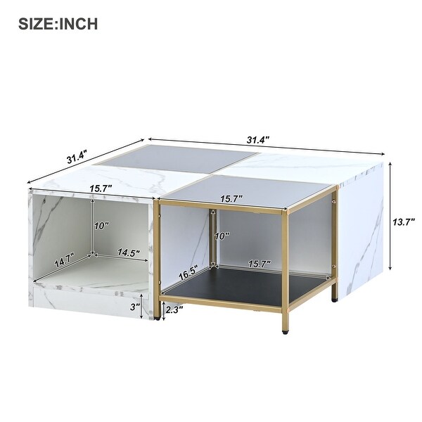 2-layer High Gloss White Marble Finish Coffee Table with Metal Frame