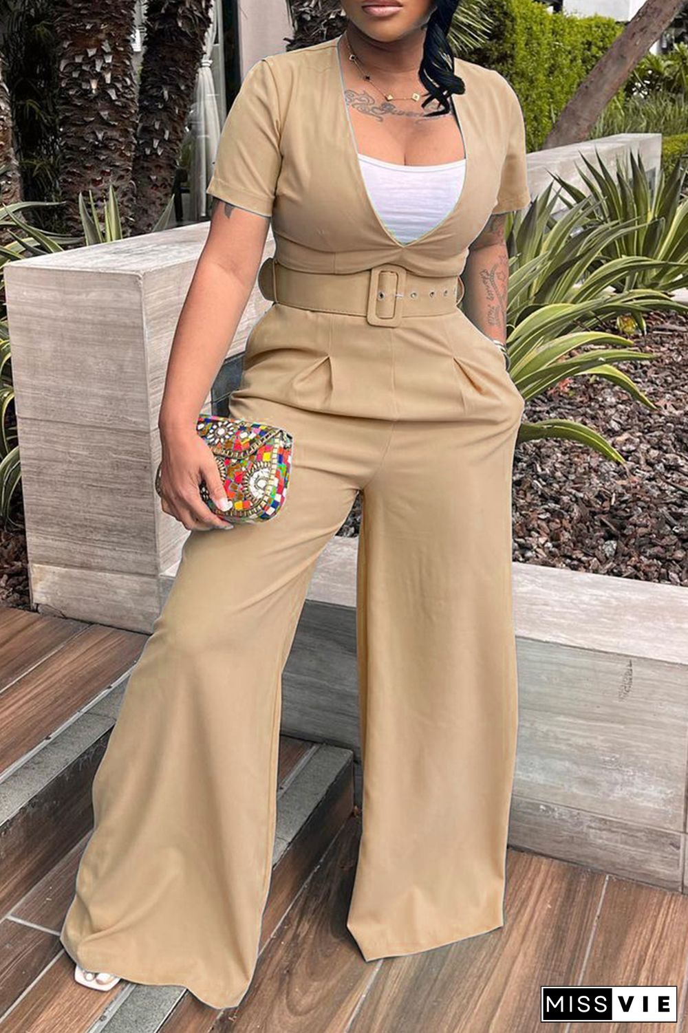 Camel Casual Solid With Belt O Neck Boot Cut Jumpsuits