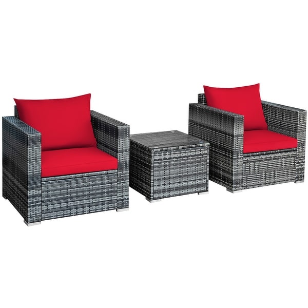 Gymax 3PCS Rattan Patio Conversation Furniture Set Outdoor Yard w/ Red