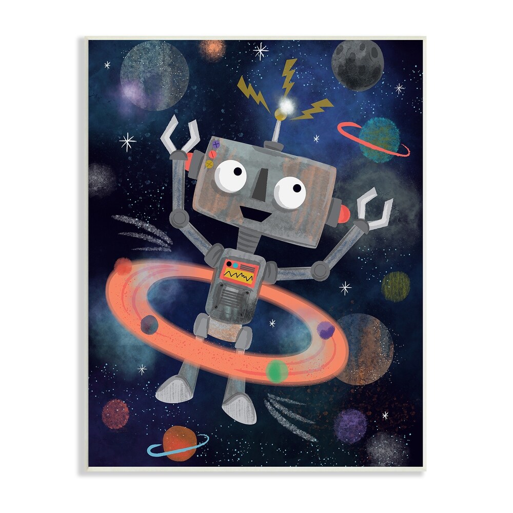 Stupell Quirky Robot Outer Space Universe Surrounding Planets Wood Wall Art  Design by Lisa Whitebutton   Multi Color