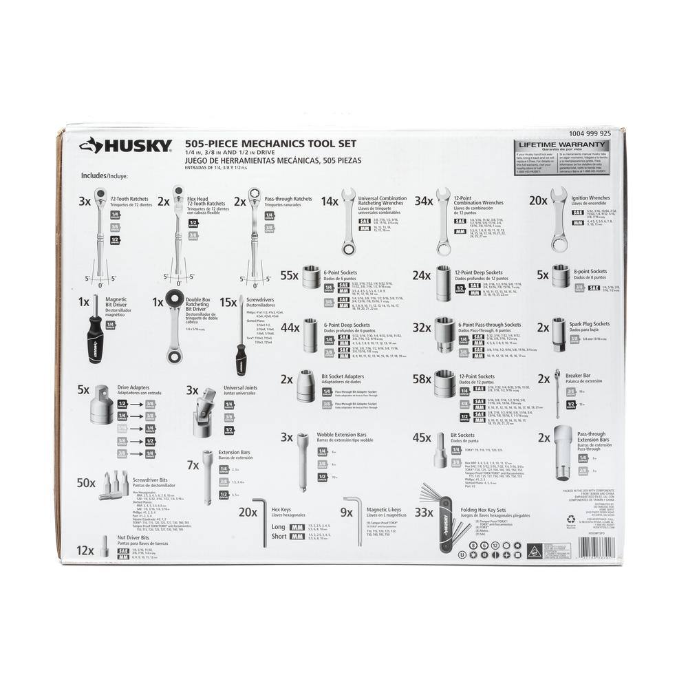 Husky 14 in. 38 in. and 12 in. Drive SAEMetric Shallow and Deep Mechanics Tools Set (505-Piece) H505MTSPO