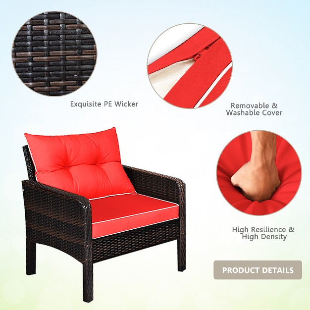 Tangkula 4 Piece Patio Conversation Set Rattan Wicker Loveseat Sofa Coffee Table amp Glass Top Red turquoise Cushions