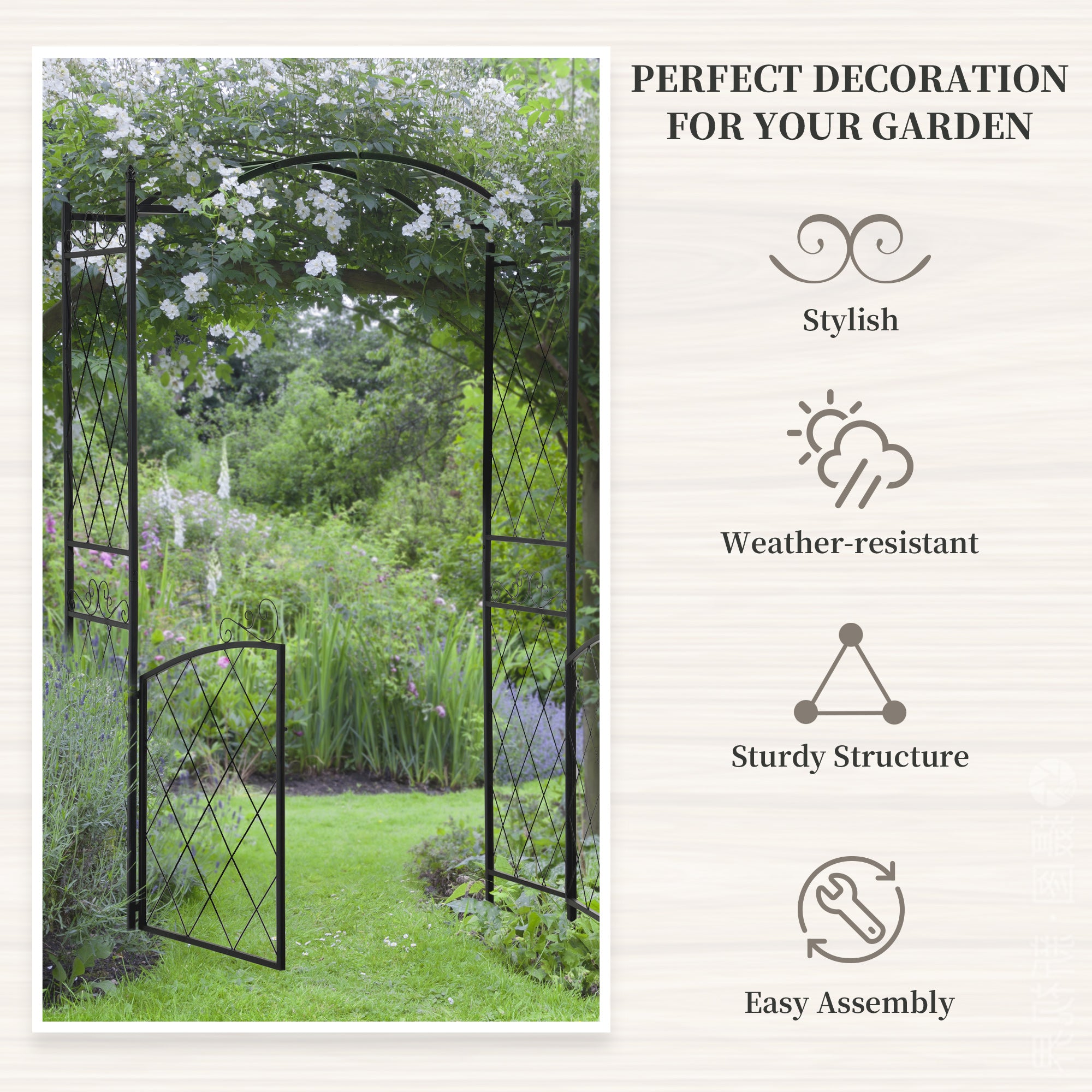 Outsunny 85'' Metal Garden Arbor with Gate, Outdoor Steel Arch with Scrollwork for Climbing Vines, Ground Mountable Columns