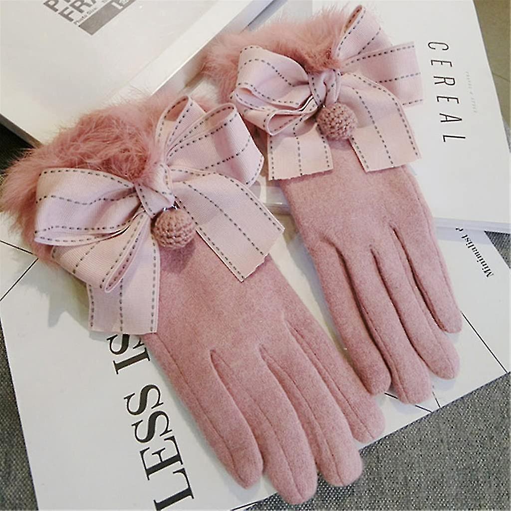 Women Winter Cashmere Rabbit Wrist Thicken Keep Warm Touch Screen Windproof Bow Decoration Elegant Soft Gloves2pcspink