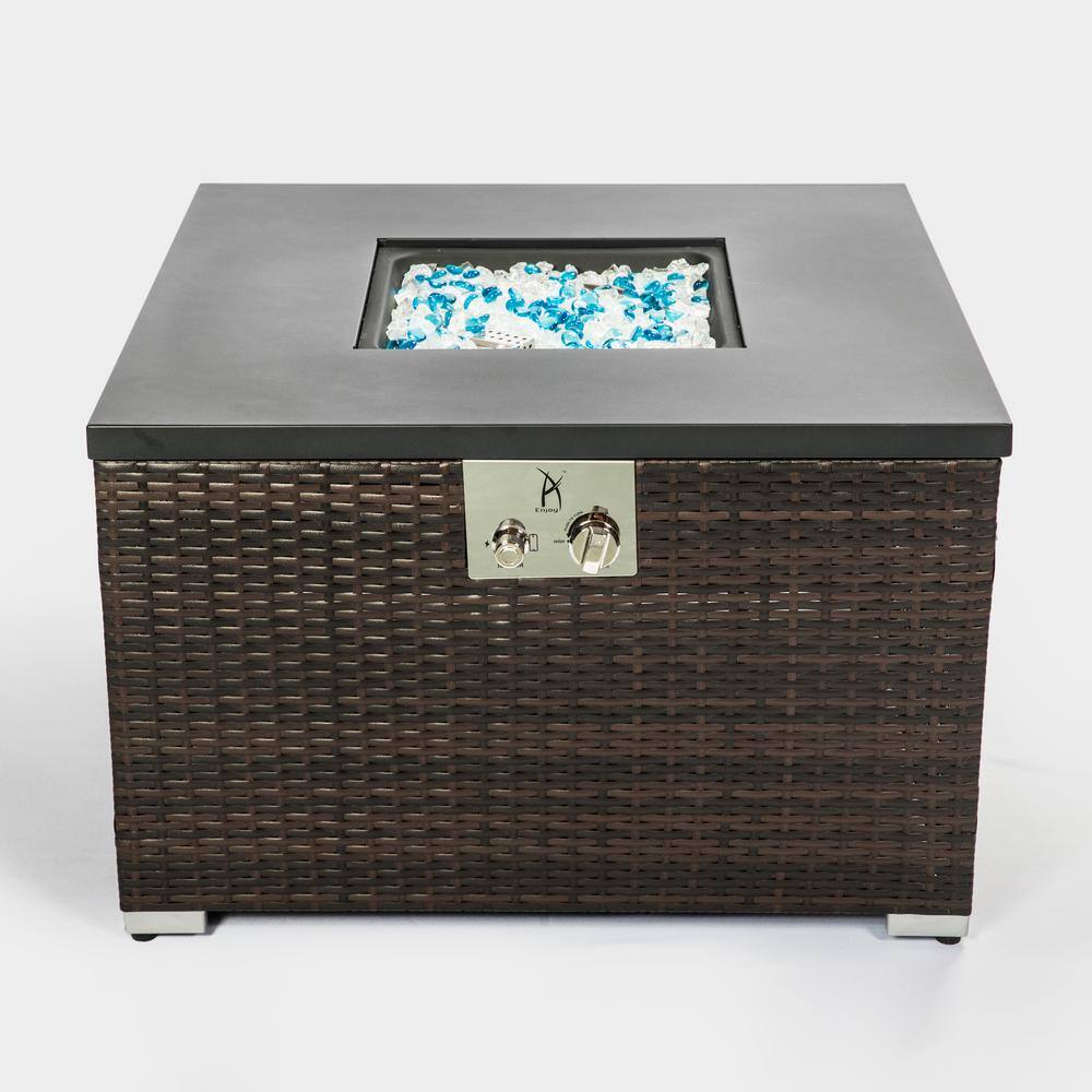 Square Wicker Outdoor Fire Pit Table with Glass Rocks ZQ-W85335462