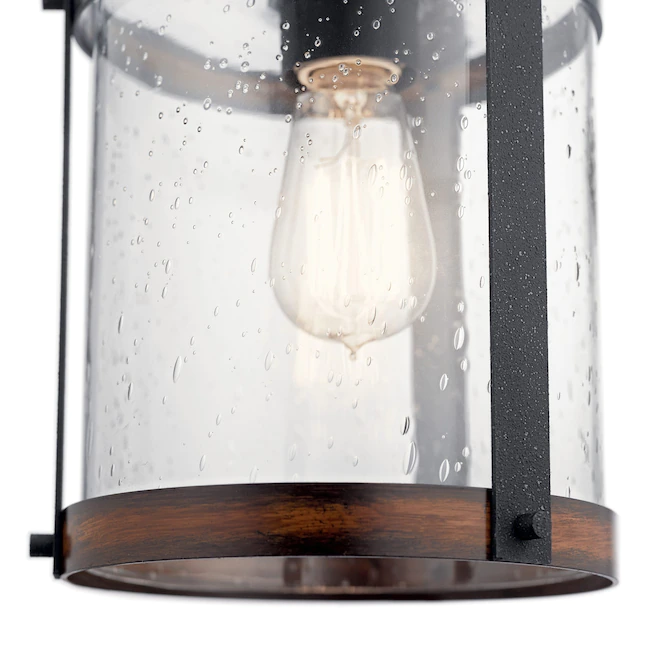 Kichler 82281 Barrington Distressed Black and Wood Tone Rustic Seeded Glass Cylinder Mini Pendant Light