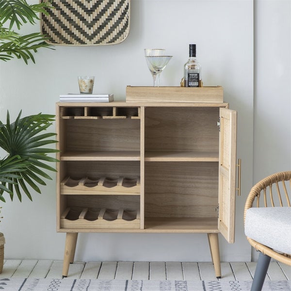 3-Tier Sideboard Buffet Cabinet with Ratten Door， Wine Rack Storage