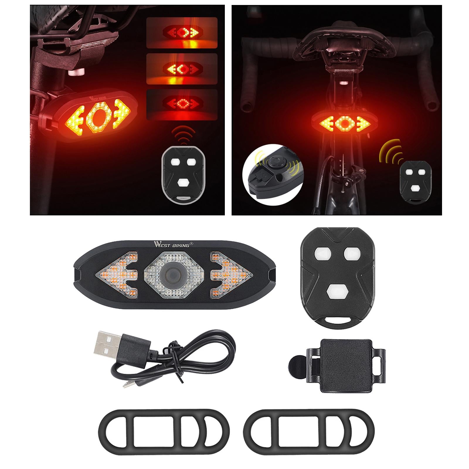 tail Light Turn Signals，Waterproof LED Bike Rear Light Brake Warning Light with Wireless Remote Control， USB Rechargeable Indicators Set