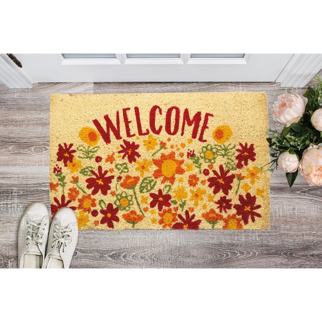 Welcome Sentiment Bright Flowers Rectangle Indoor Outdoor Coir Door Welcome Mat Red Orange On Yellow Background