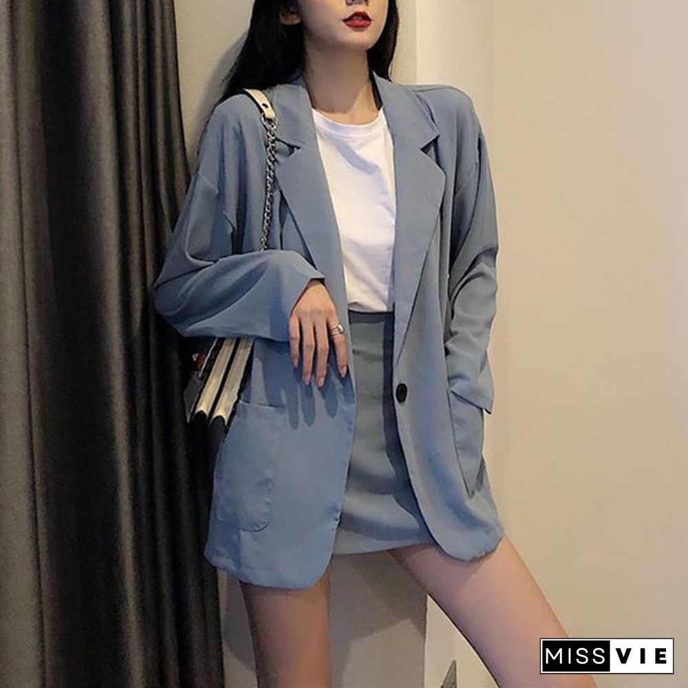 Fashion Women Skirt Suits One Button Notched Spring Blazer Jackets Slim Mini Skirts Two Pieces Ol Sets Female Outfits