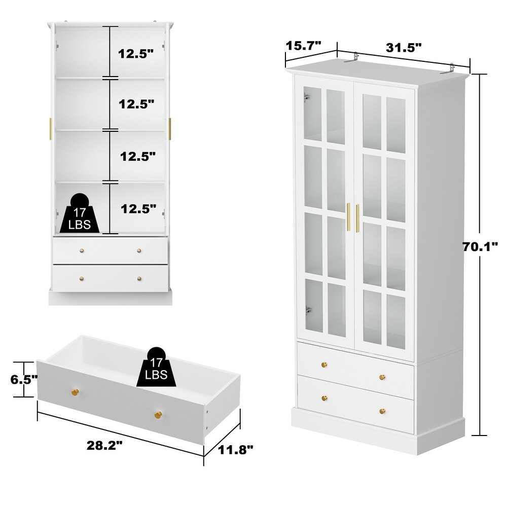 Display Cabinet with Glass Doors Bookcase Accent Living Room Hallway   70.1\