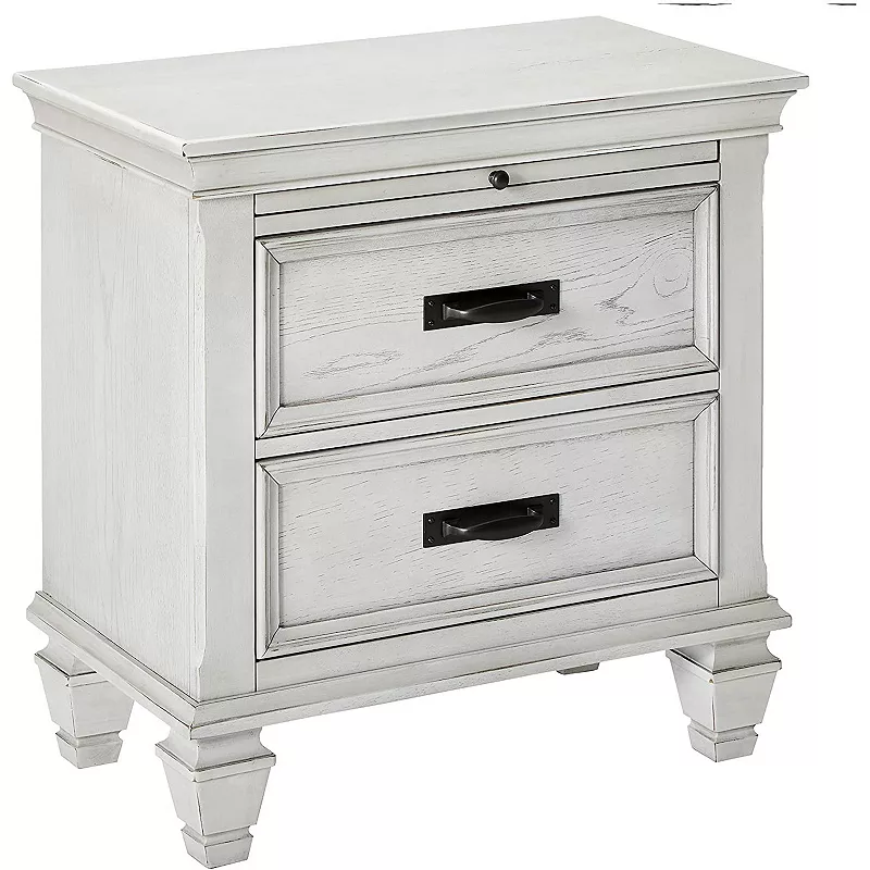 Wooden Nightstand with 2 Drawers and 1 Pull Out Tray， White