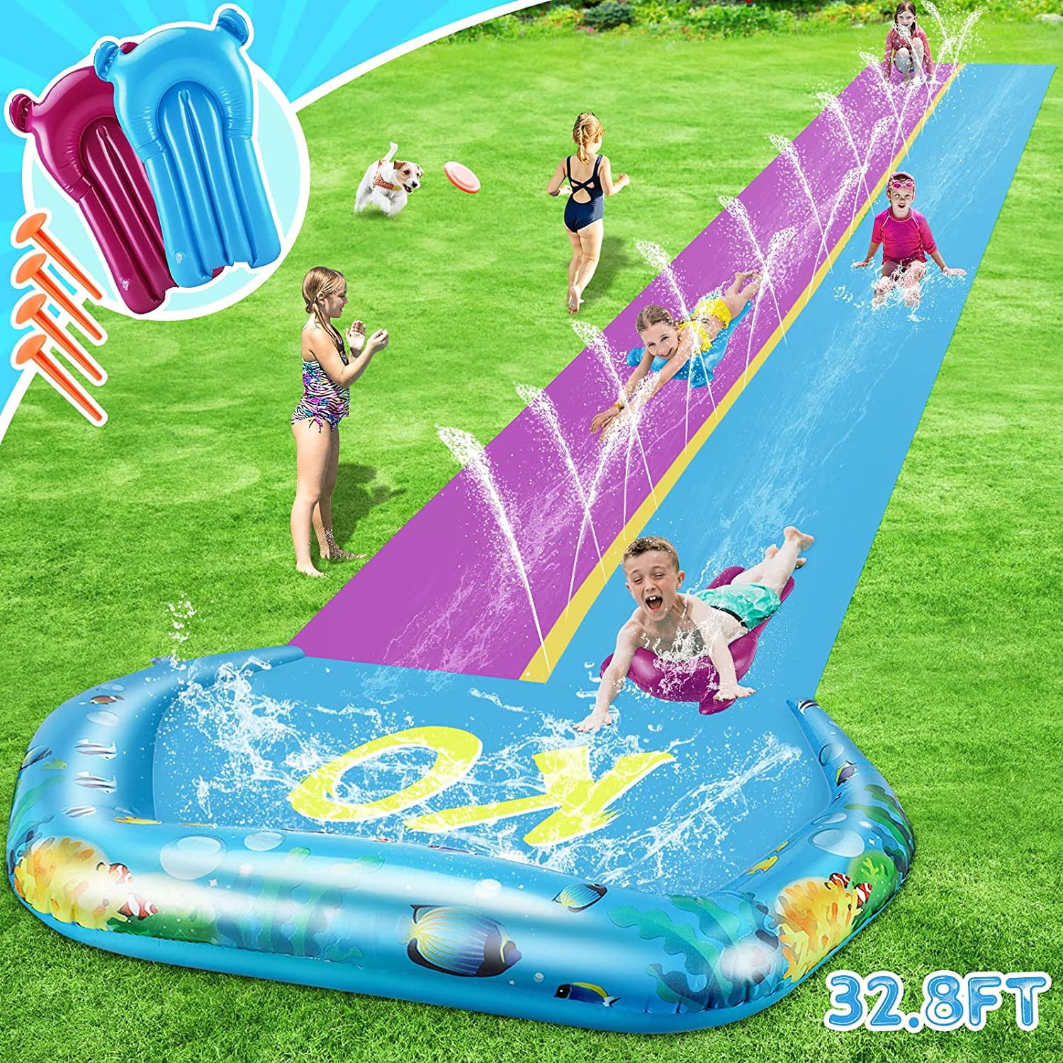 Terra 32.8FT Long Water Slide for Kids With Double Lawn Water Slip with 2 Surfboards Water Slide Toys with Crash Pad and Sprinkler